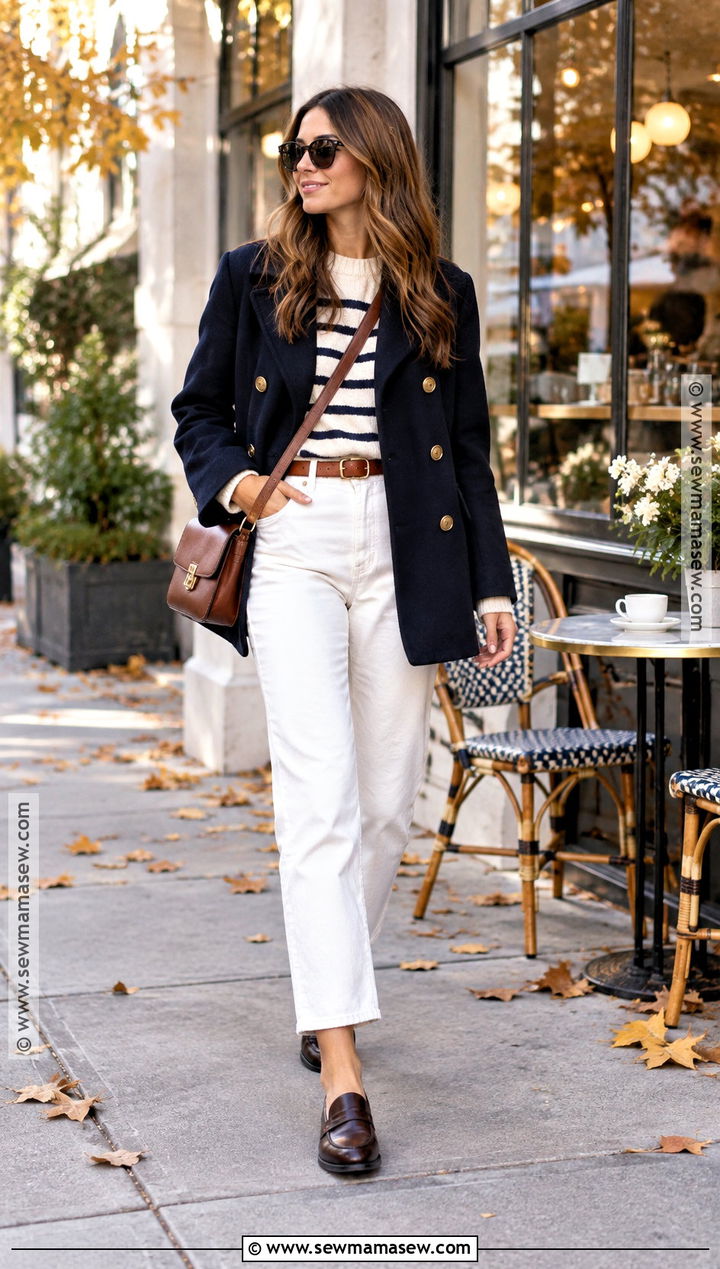 White Jeans With A Striped Sweater And Loafers - 20 White Pant Fall Outfit Ideas