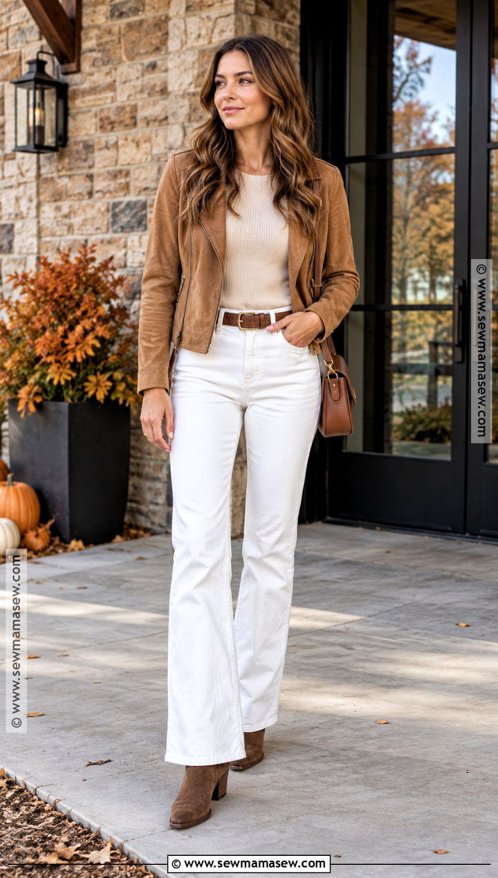 White Jeans With A Suede Jacket And Western Boots - 20 White Pant Fall Outfit Ideas