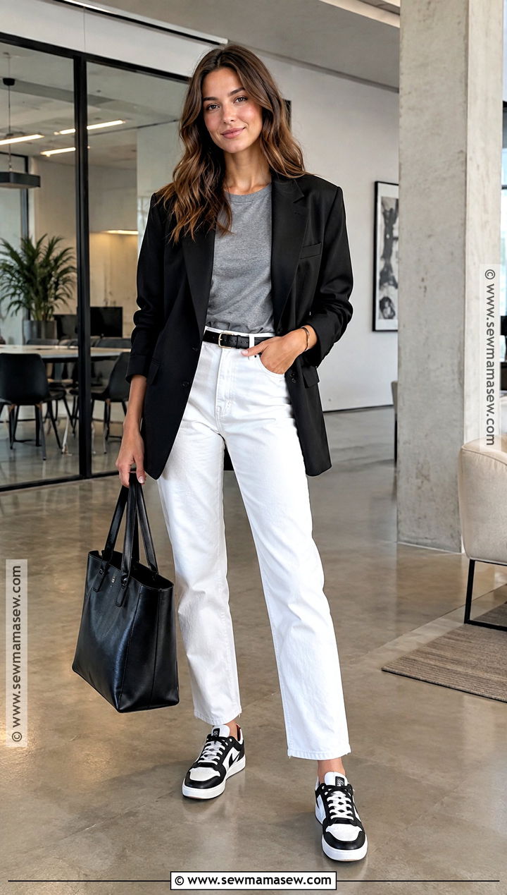 White Jeans With Black Blazer And Sneakers - 25 white jeans outfit autumn
