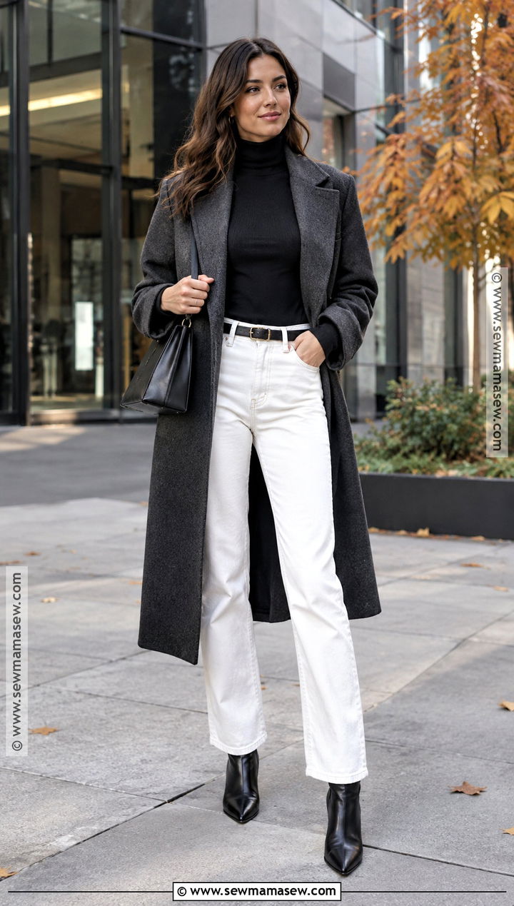 White Jeans With Black Turtleneck And Ankle Boots - 25 white jeans outfit autumn