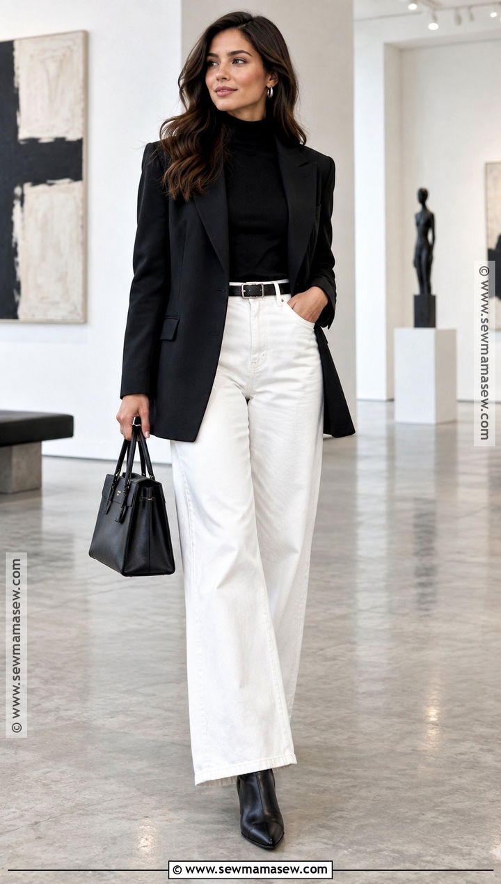 White Jeans With Black Turtleneck and Blazer - 20 White Jean Fall Outfit Ideas