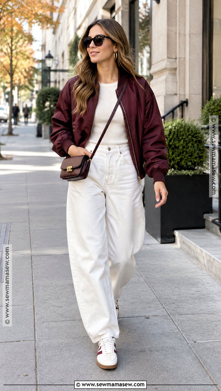 White Jeans With Bomber Jacket And Retro Sneakers - 20 fall outfits white jeans