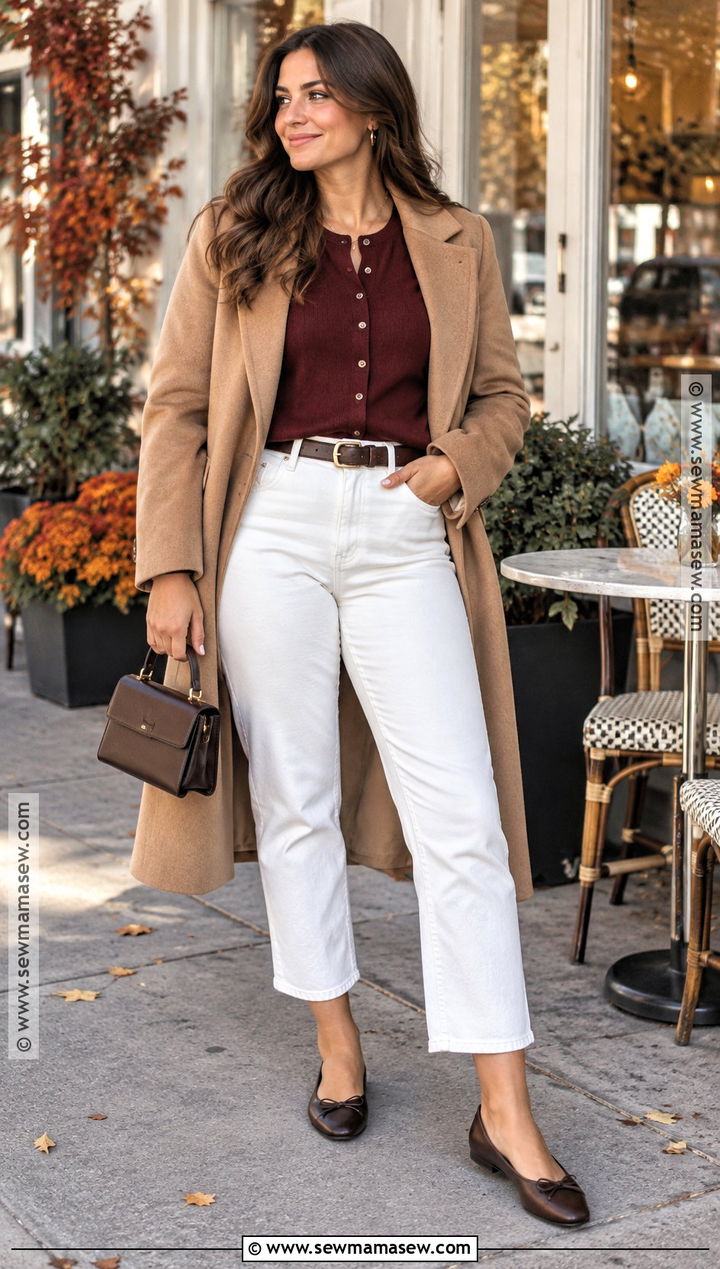 White Jeans With Burgundy Cardigan And Ballet Flats - 20 White Jeans Fall