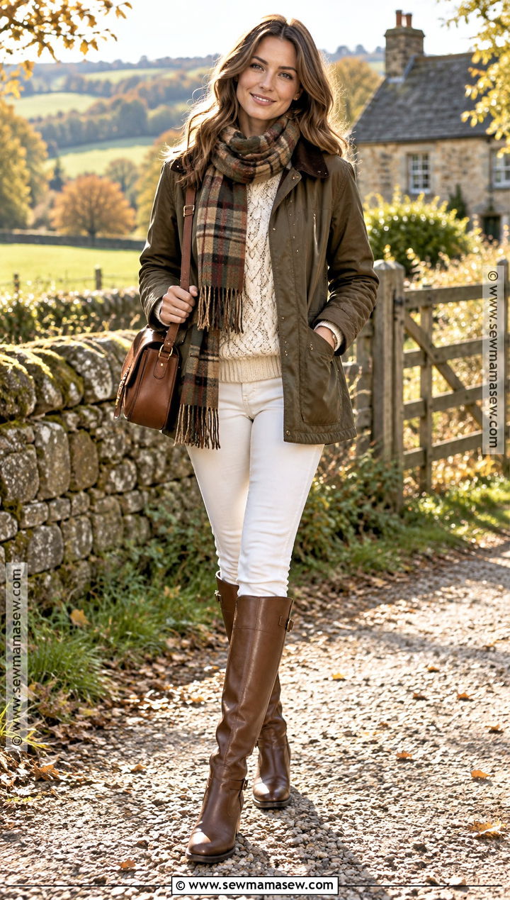 White Jeans With Cable Knit Sweater And Riding Boots - 25 white jeans outfit autumn