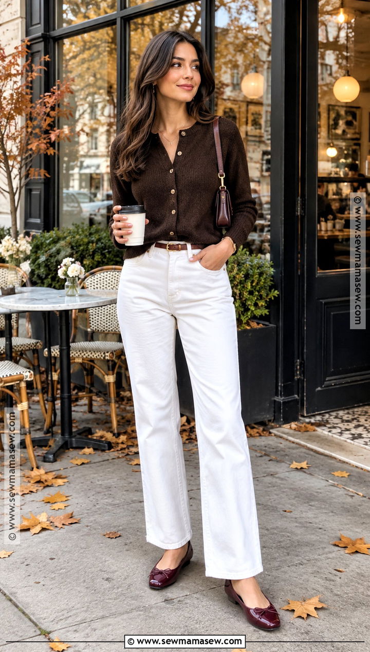 White Jeans With Cardigan and Ballet Flats - 20 White Jean Fall Outfit Ideas
