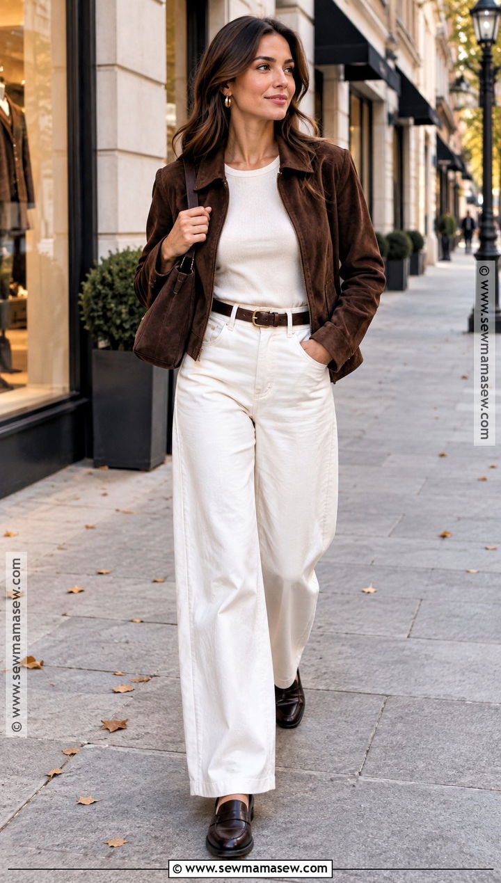 White Jeans With Chocolate Suede Jacket And Loafers - 20 fall outfits white jeans