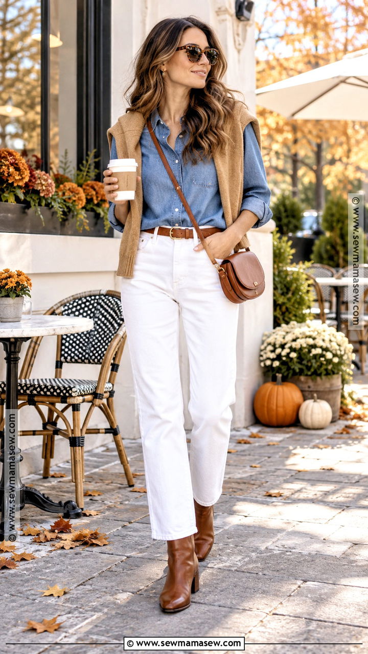 White Jeans With Denim Shirt And Brown Boots - 20 fall outfits with white jeans