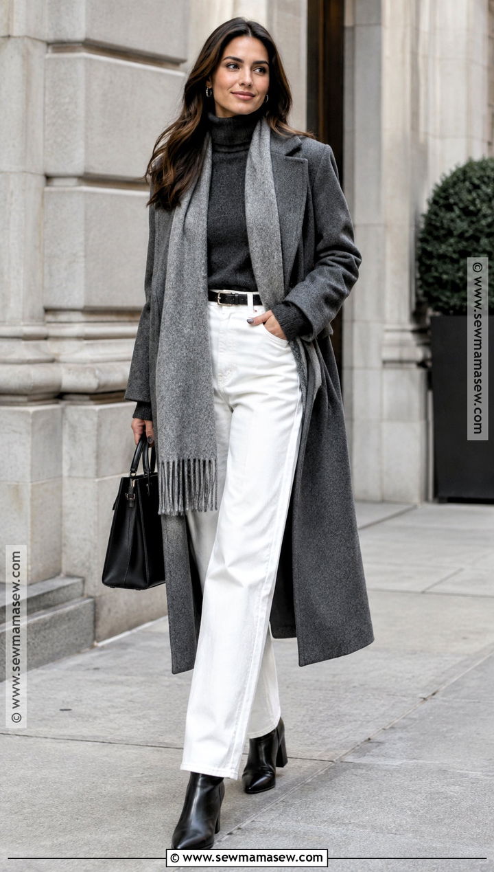 White Jeans With Gray Coat And Black Boots - 20 White Jeans Fall
