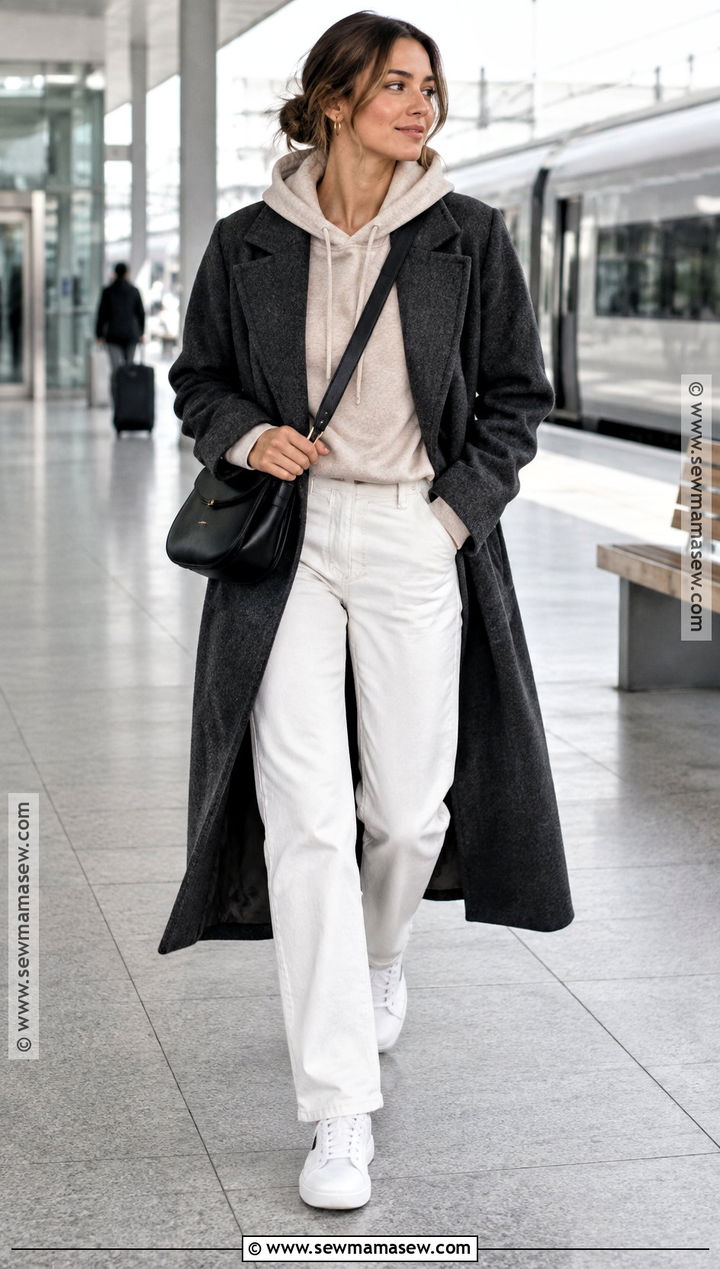 White Jeans With Hoodie and Wool Coat - 20 White Jean Fall Outfit Ideas