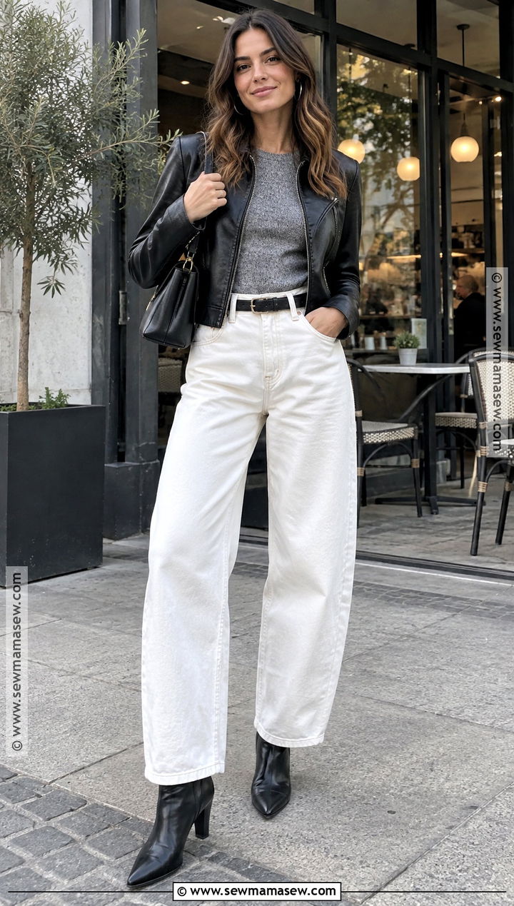 White Jeans With Leather Jacket and Ankle Boots - 20 White Jean Fall Outfit Ideas