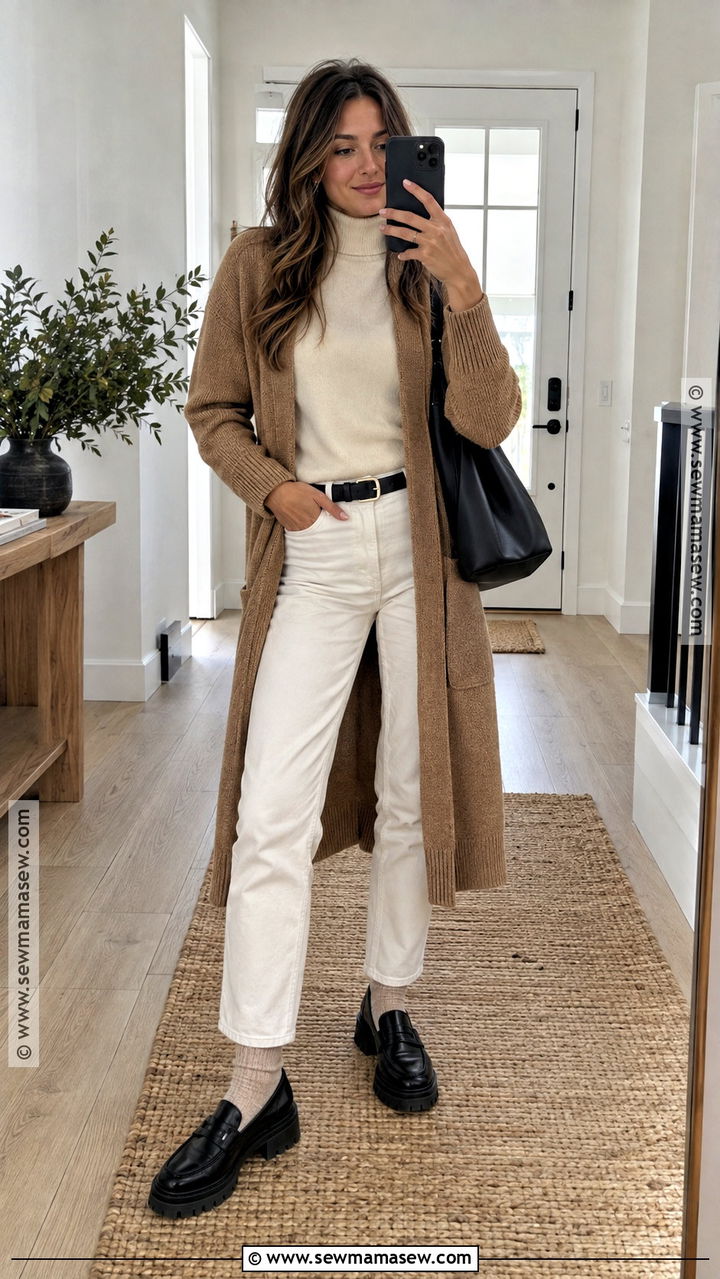 White Jeans With Long Cardigan And Lug Loafers - 20 fall outfits with white jeans