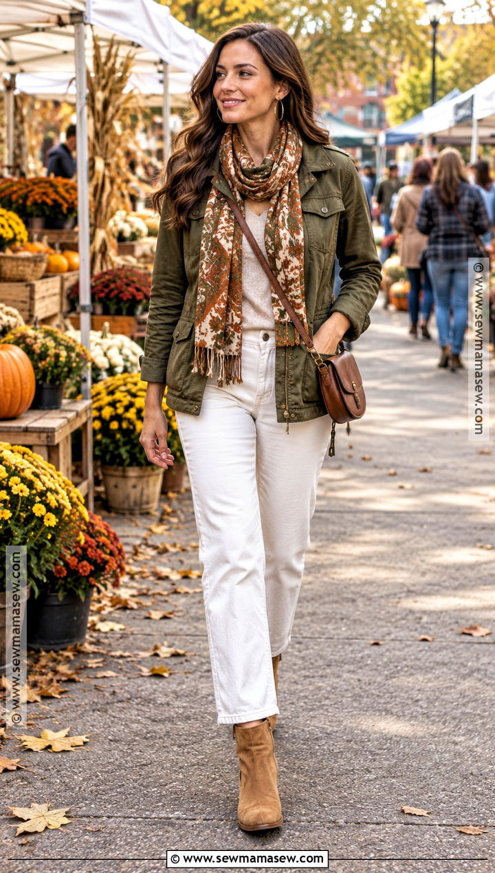 White Jeans With Olive Utility Jacket - 25 white pants fall outfit