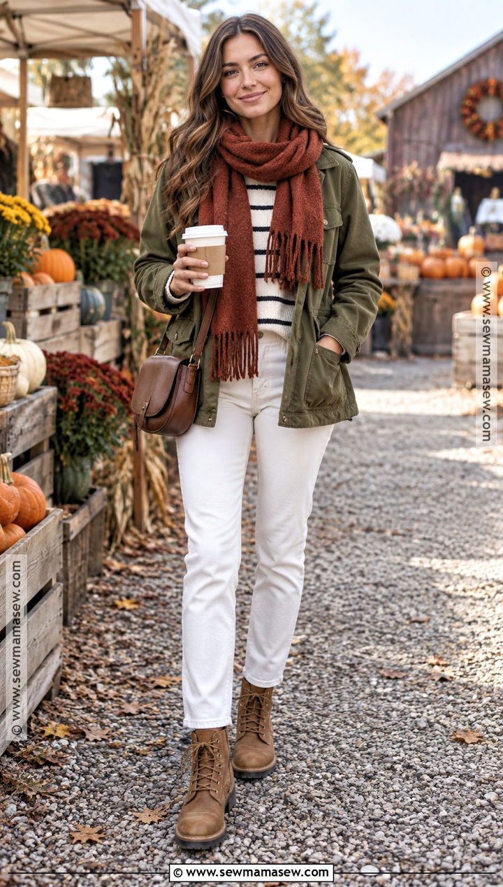 White Jeans With Olive Utility Jacket And Boots - 25 white jeans outfit autumn