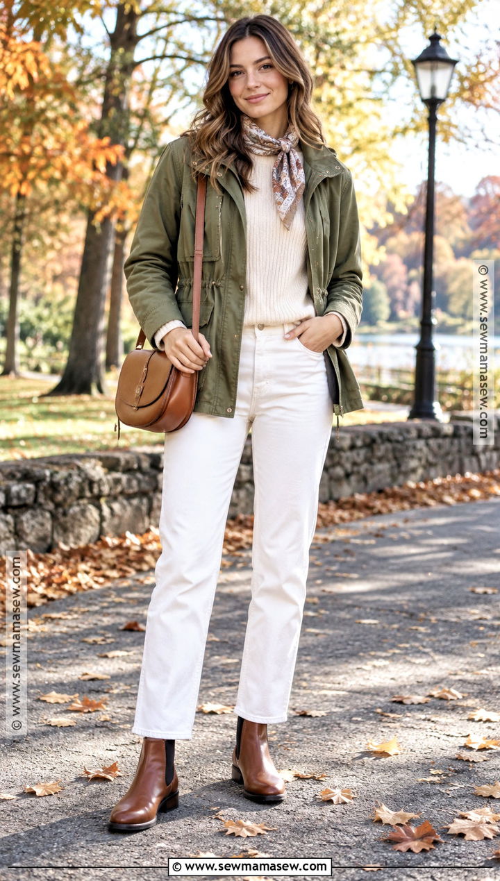 White Jeans With Olive Utility Jacket And Boots - 20 fall outfits white jeans