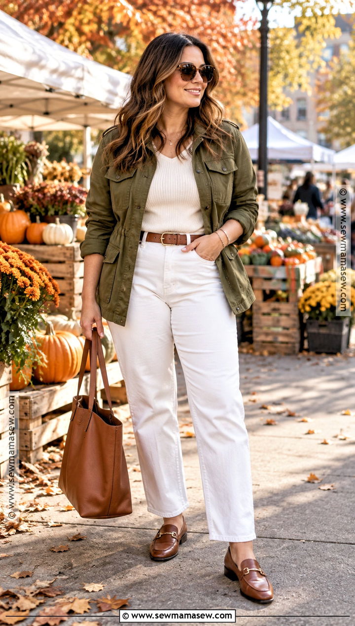 White Jeans With Olive Utility Jacket And Loafers - 20 White Jeans Fall