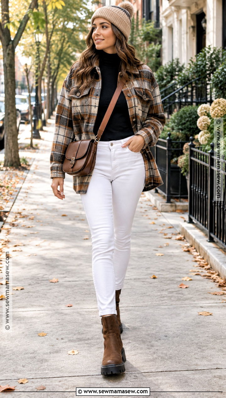 White Jeans With Oversized Shacket - 20 white pants autumn outfit