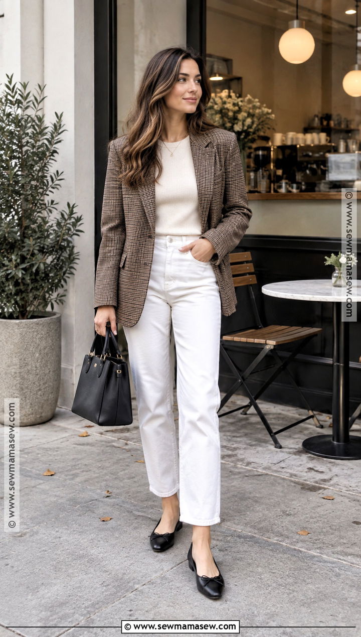 White Jeans With Plaid Blazer And Ballet Flats - 25 white jeans outfit autumn