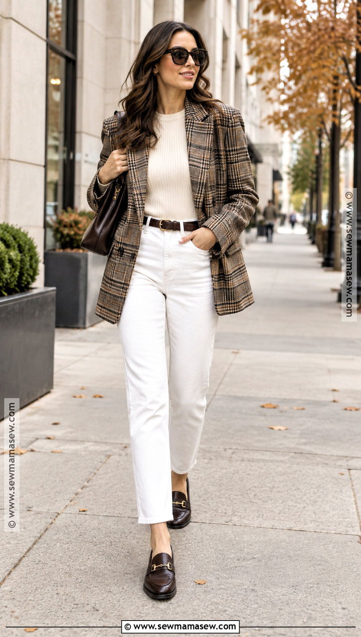 White Jeans With Plaid Blazer and Loafers - 20 White Jean Fall Outfit Ideas