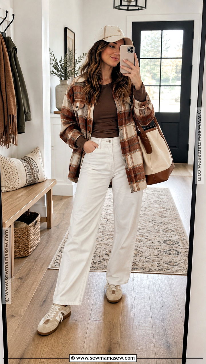 White Jeans With Plaid Shacket And Sneakers - 20 fall outfits white jeans