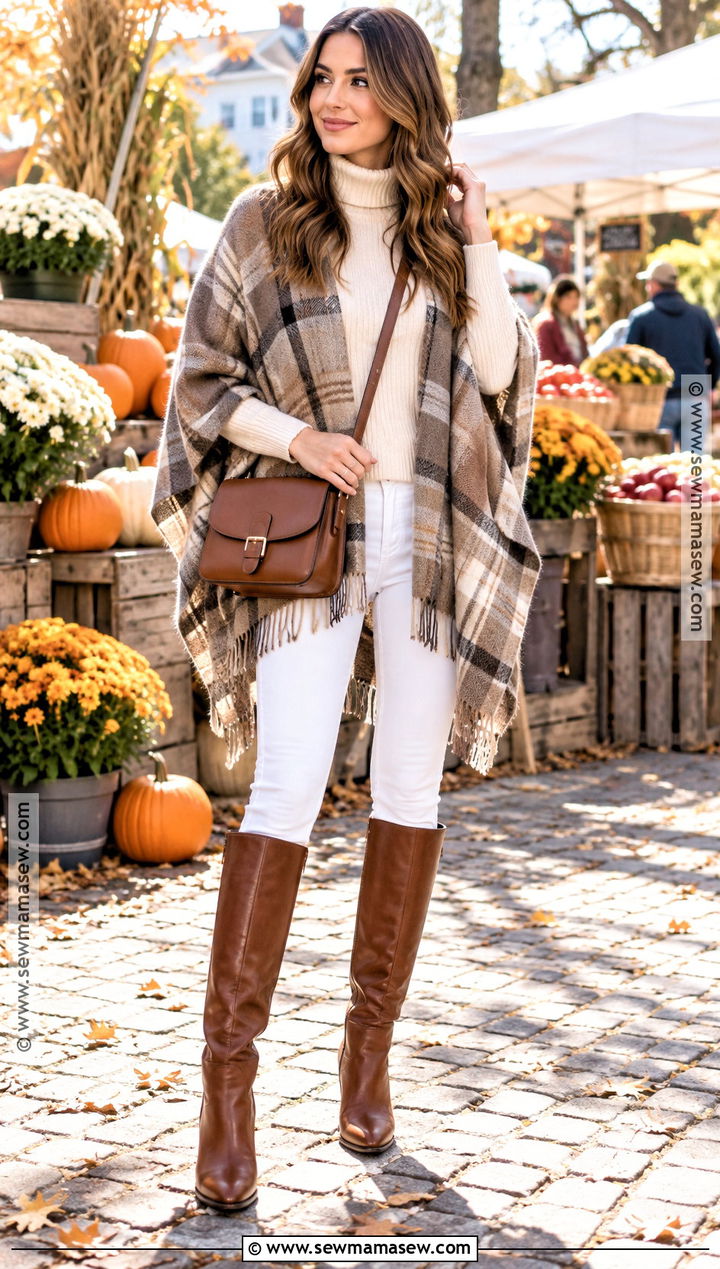 White Jeans With Poncho And Knee High Boots - 25 white jeans outfit autumn