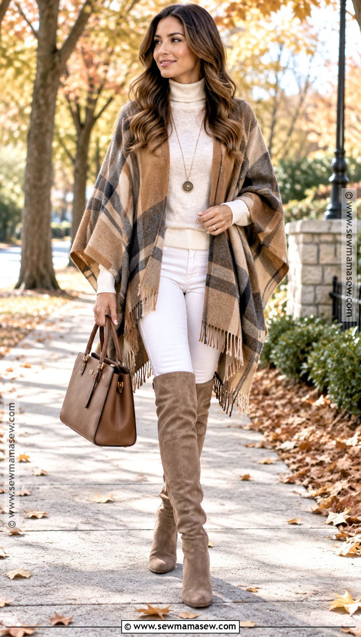 White Jeans With Poncho And Knee High Boots - 20 fall outfits white jeans