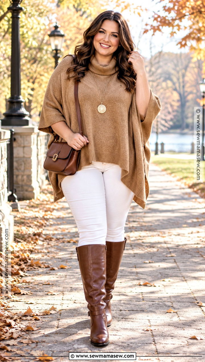 White Jeans With Poncho Sweater And Riding Boots - 25 white jeans autumn outfit