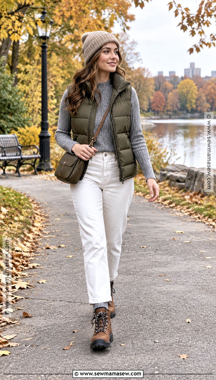 White Jeans With Puffer Vest - 25 white pants fall outfit