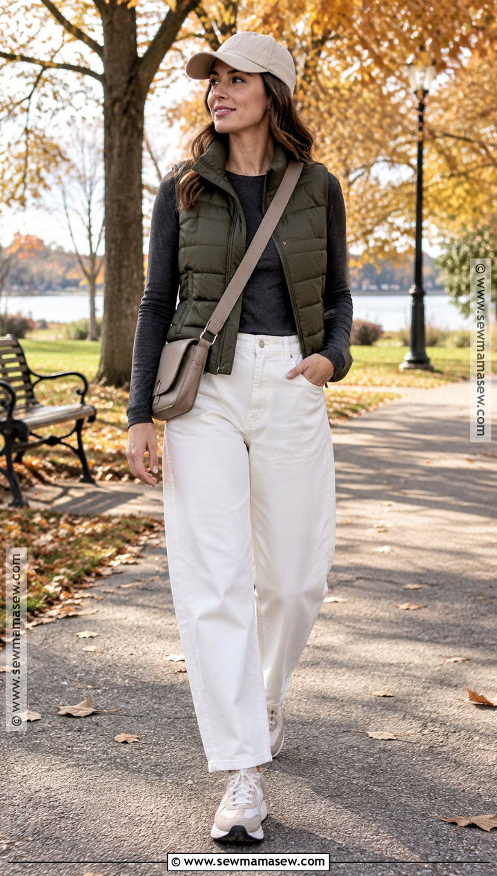 White Jeans With Puffer Vest and Sneakers - 20 White Jean Fall Outfit Ideas