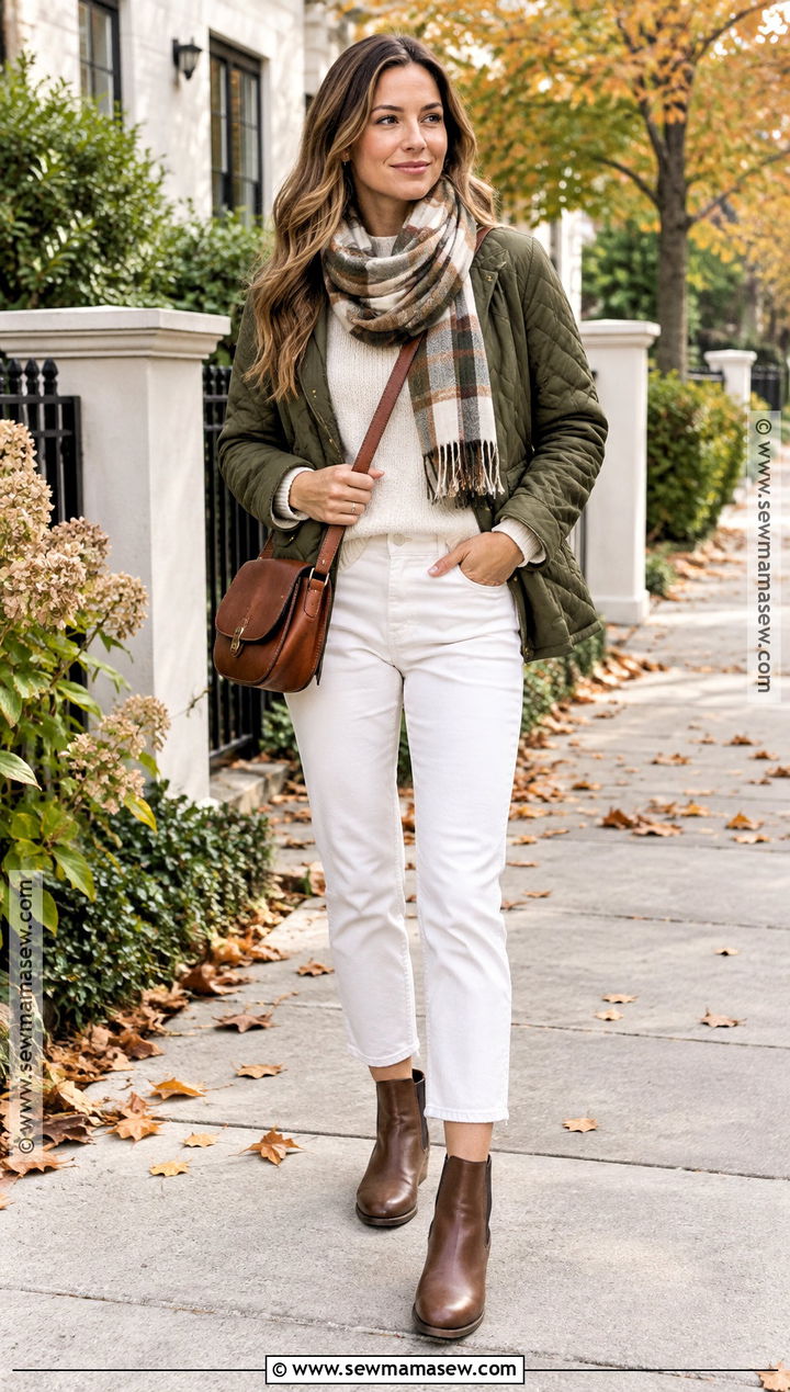 White Jeans With Quilted Jacket - 25 white pants fall outfit