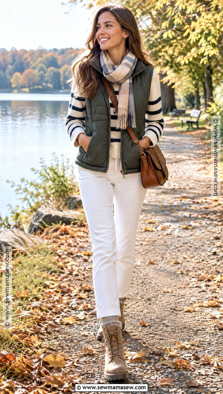White Jeans With Quilted Vest And Lace Up Boots - 20 fall outfits white jeans