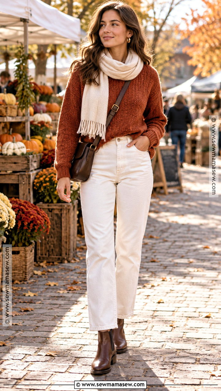 White Jeans With Rust Sweater And Chelsea Boots - 25 white jeans autumn outfit