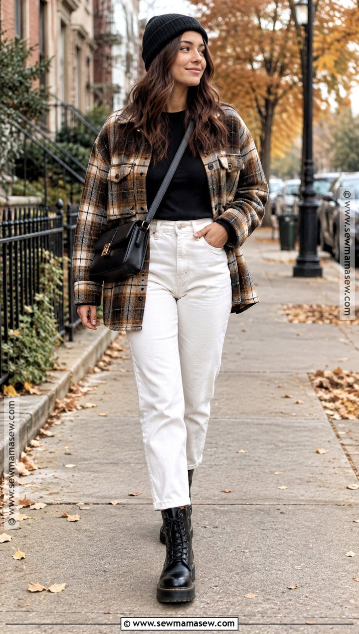 White Jeans With Shacket And Combat Boots - 25 white jeans outfit autumn