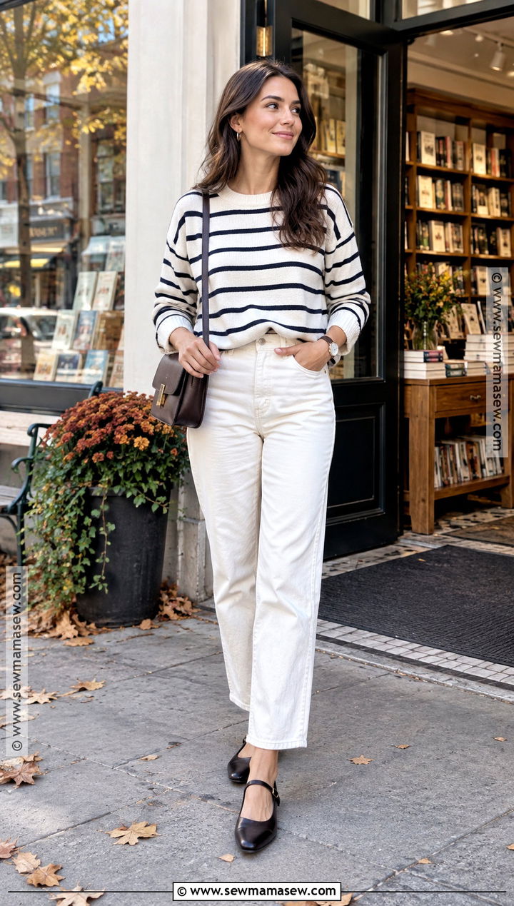 White Jeans With Striped Sweater And Mary Jane Flats - 25 white jeans autumn outfit