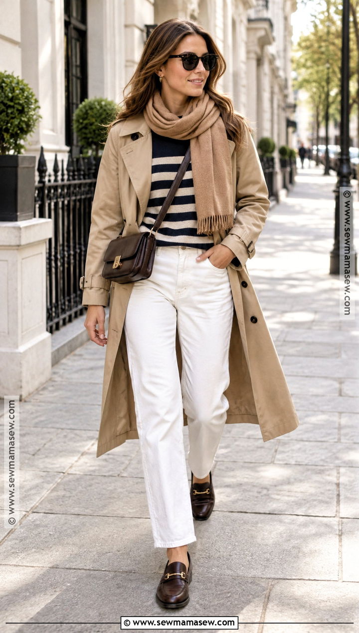 White Jeans With Striped Sweater and Trench Coat - 20 White Jean Fall Outfit Ideas