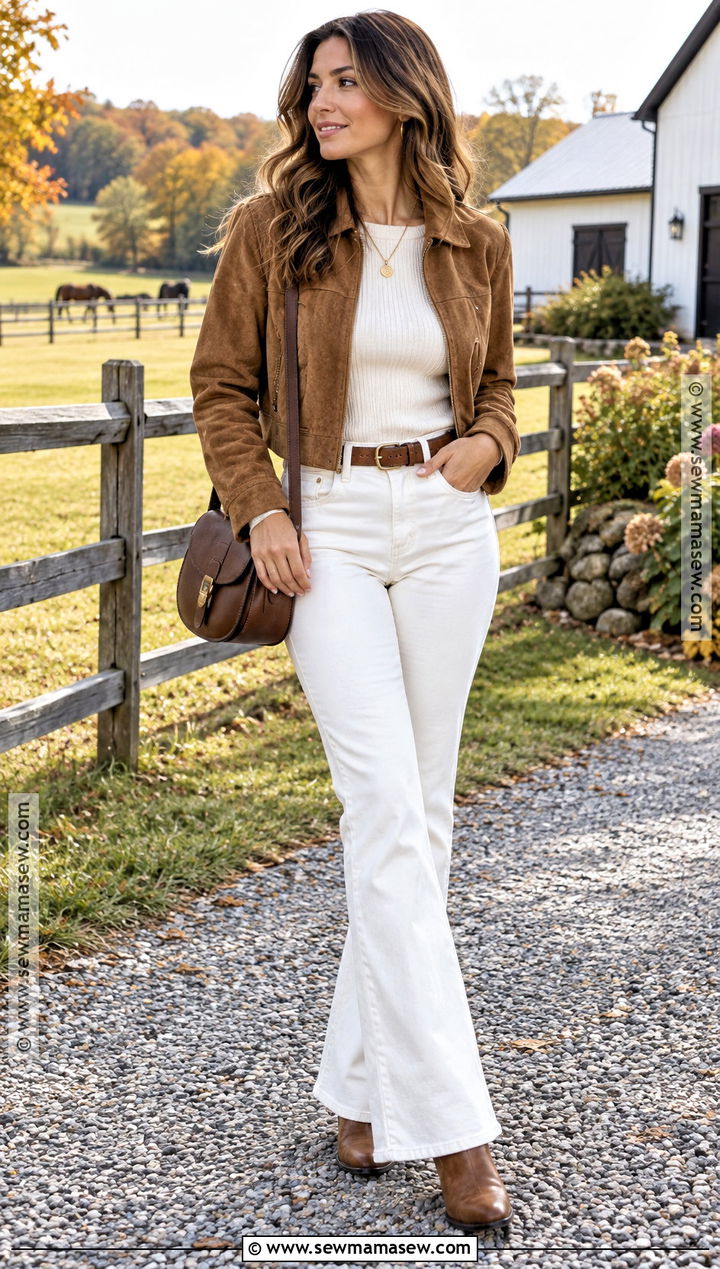 White Jeans With Suede Jacket and Western Boots - 20 White Jean Fall Outfit Ideas