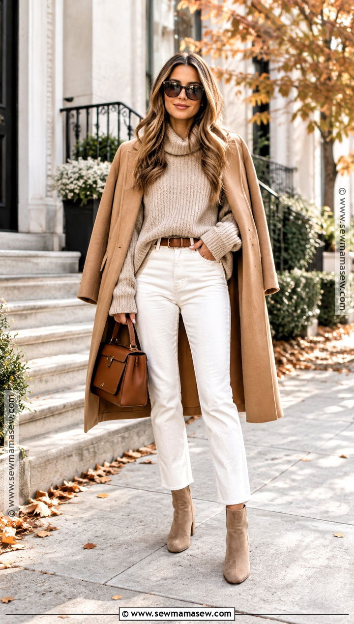 White Jeans With Taupe Boots and Chunky Knit Sweater - 15 fall jean outfits with boots