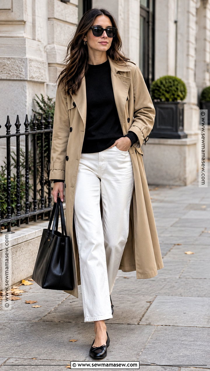 White Jeans With Trench Coat And Black Flats - 25 white jeans autumn outfit