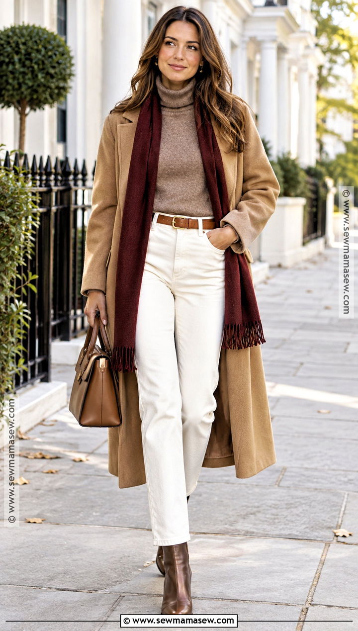 White Jeans With a Camel Coat - 20 fall denim ideas