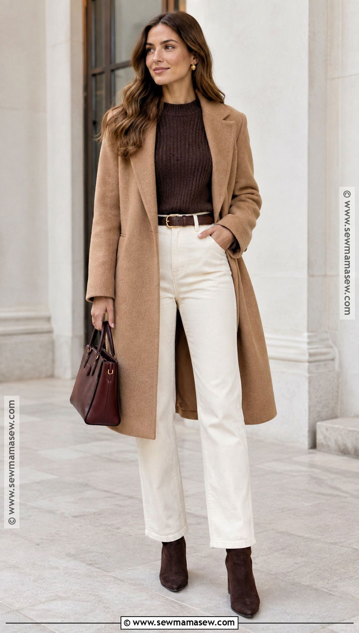 White Jeans With a Chocolate Sweater - 25 Fall Outfits With Jeans