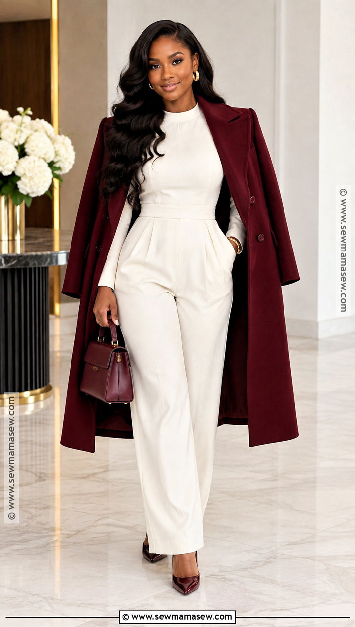 White Jumpsuit And Burgundy Coat Birthday Outfit - 20 birthday outfits black women fall