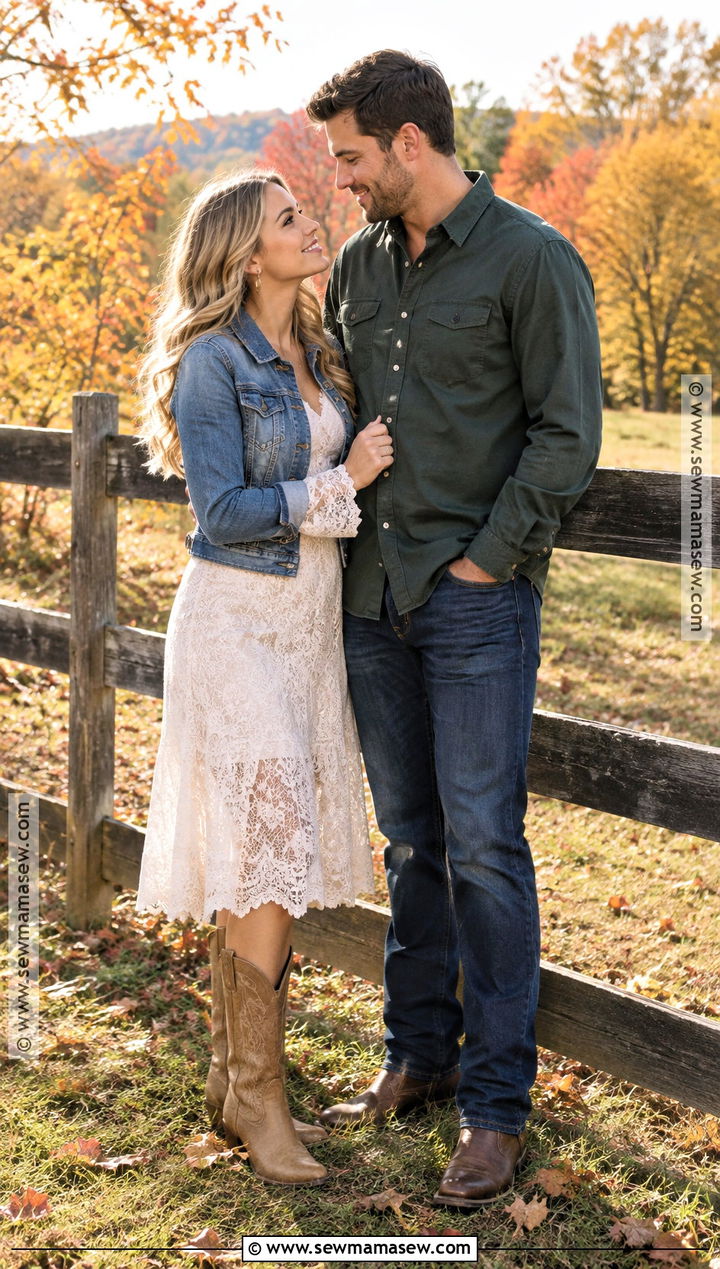 White Lace Dress And Denim Jacket Engagement Outfit - 15 engagement photos outfits fall country