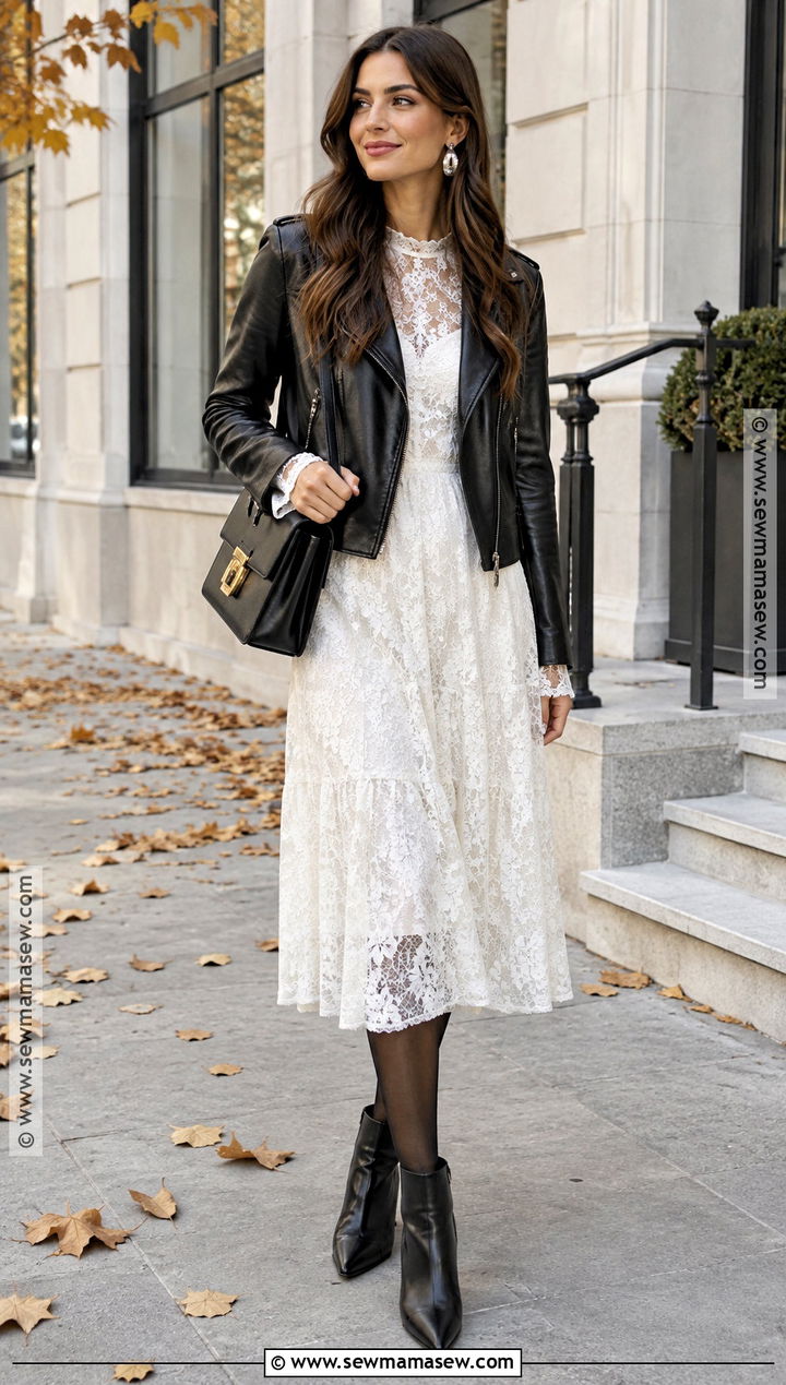 White Lace Dress With Black Leather Jacket - 20 White Fall Dress Ideas