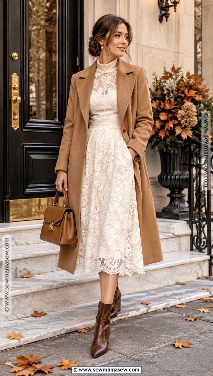 White Lace Dress With Camel Coat - 20 white dress autumn outfit ideas