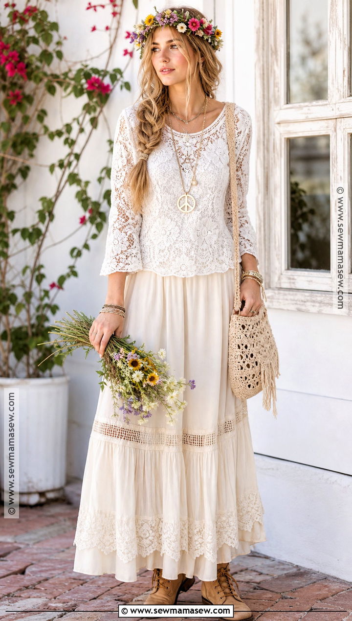 White Lace Hippie Costume With Flower Crown - 45 hippie costume ideas