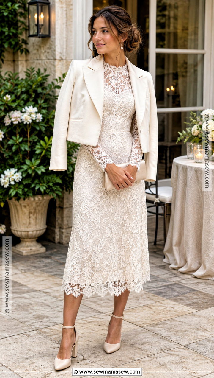 White Lace Midi Dress And Block Heels - 15 Fall Bachelorette Party Outfit Bride Ideas