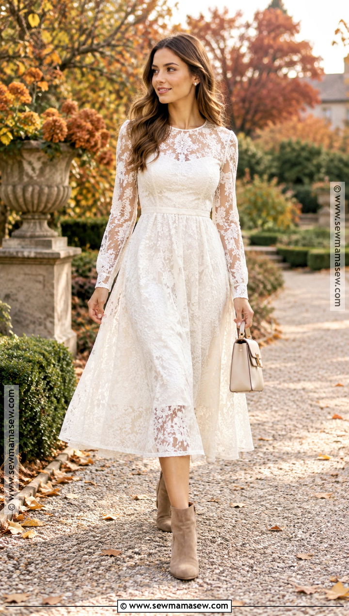 White Lace Midi Dress And Suede Boots Fall Engagement Outfit - 15 White Fall Engagement Outfit Ideas