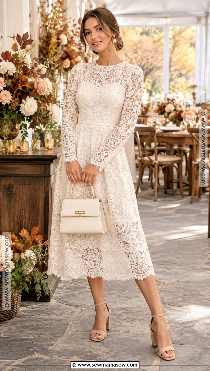 White Lace Midi Dress Fall Bridal Shower Outfit - 20 fall bridal shower outfit for bride ideas