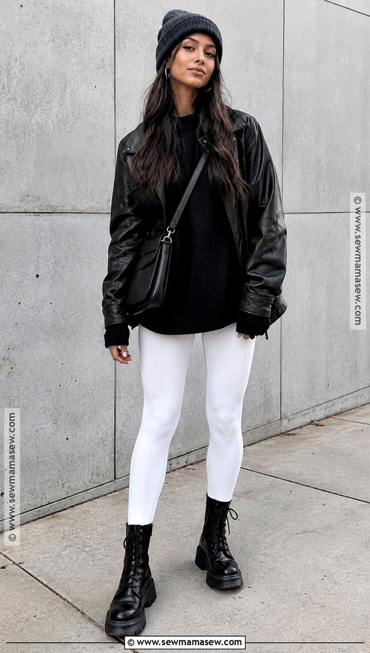 White Leggings With Leather Jacket And Combat Boots - 15 white leggings outfit fall