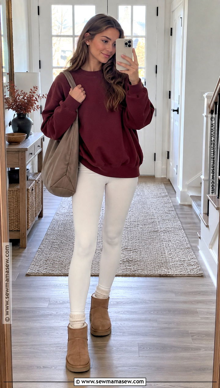 White Leggings With Oversized Sweatshirt And Shearling Boots - 15 white leggings outfit fall