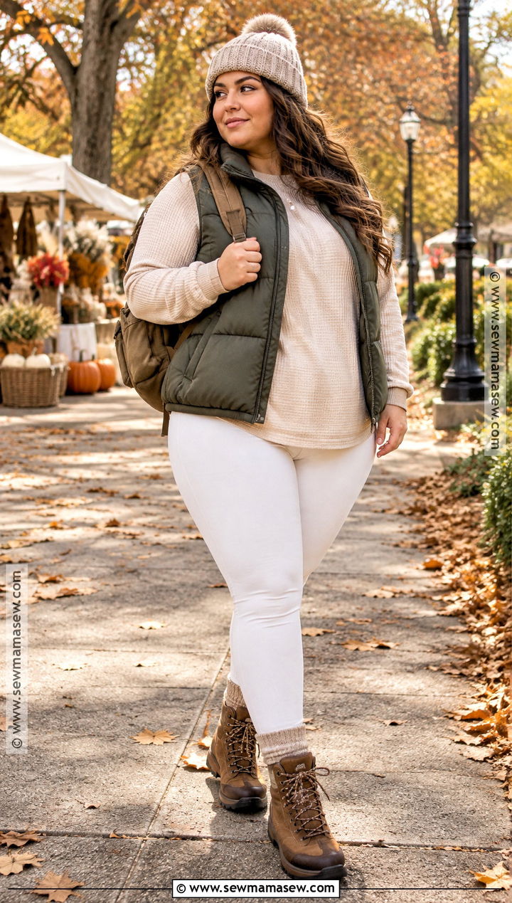 White Leggings With Puffer Vest And Hiking Boots - 15 white leggings outfit fall